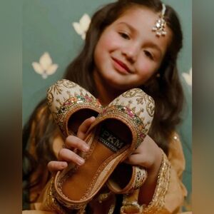 Cream Embroidered Kids Khussa/Jutti with Multicolor Beading
